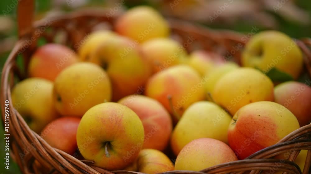 A crafted basket filled with vibrant apples showcases natures bounty in a serene, picturesque setting A crafted basket filled with vibrant apples showcases natures bounty in a serene, picturesque setting