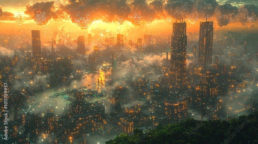 Fototapeta premium Bustling Smart City with Wireless Signals at Sunset