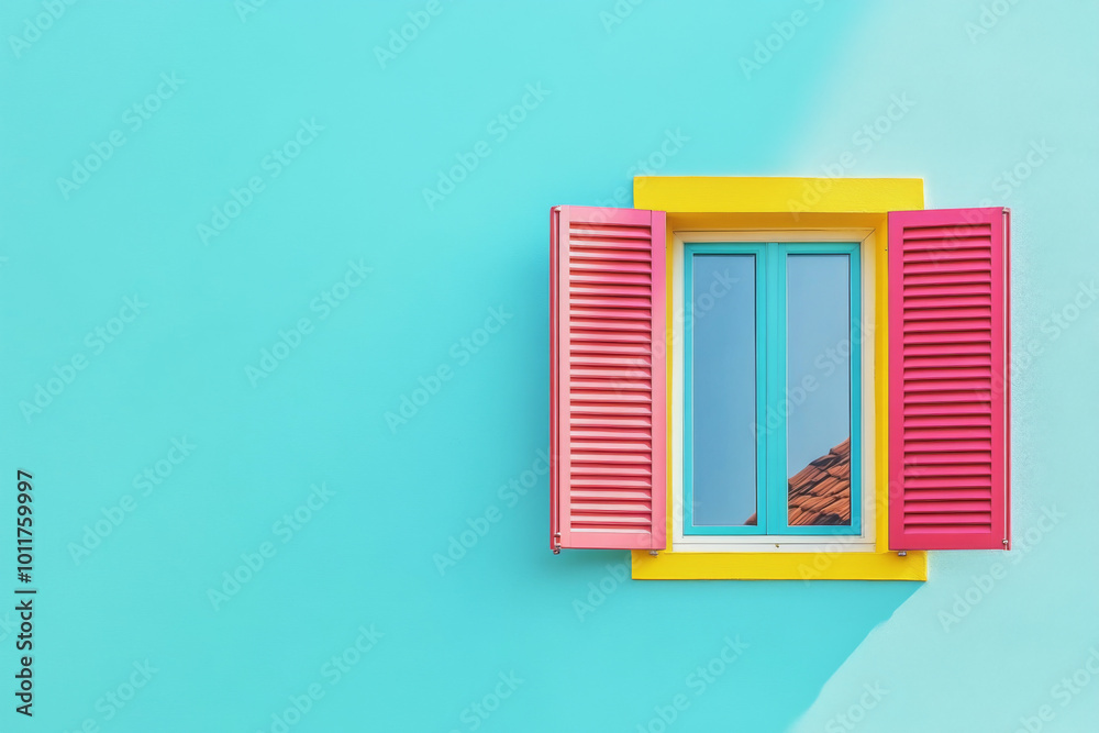 Window with open shutters on bright blue wall background Window with open shutters on bright blue wall background