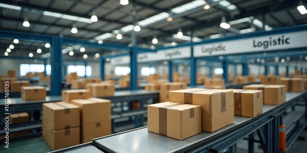 Logistics conveyor belt with parcels in motion for delivery service Logistics conveyor belt with parcels in motion for delivery service