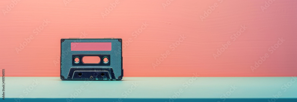 Retro cassette tape on color background with copy space