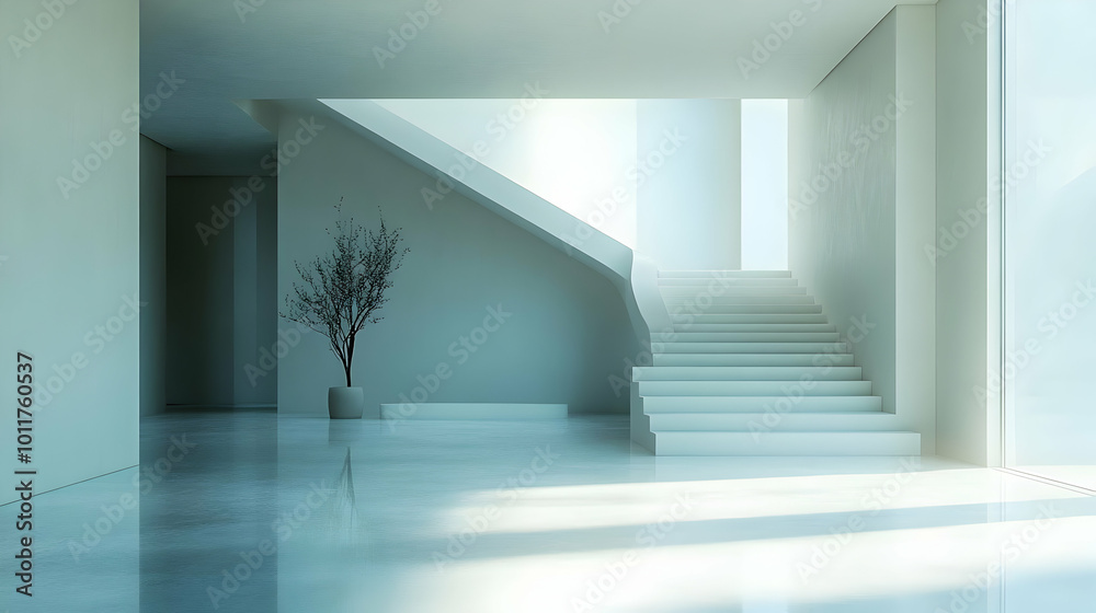 Modern Minimalist Interior Design with White Staircase and Plant in a Pot - 3D Illustration Modern Minimalist Interior Design with White Staircase and Plant in a Pot - 3D Illustration