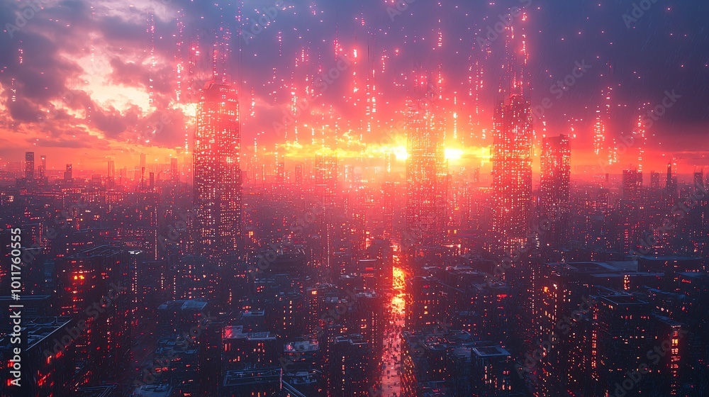 Fototapeta premium Futuristic City with Flowing Wireless Data at Sunset