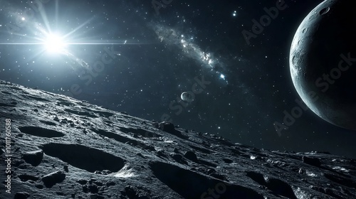 A dark space scene with a planet full of craters.  You can see bright stars and comets in the distance. There's also a satellite orbiting the planet.