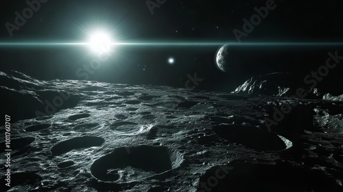A dark space scene with a planet full of craters.  You can see bright stars and comets in the distance. There's also a satellite orbiting the planet.