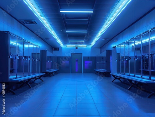 low angle view of modern sports locker room. blue-tinted lighting creates cool atmosphere. rows of lockers and benches emphasize perspective. sports equipment scattered strategically.