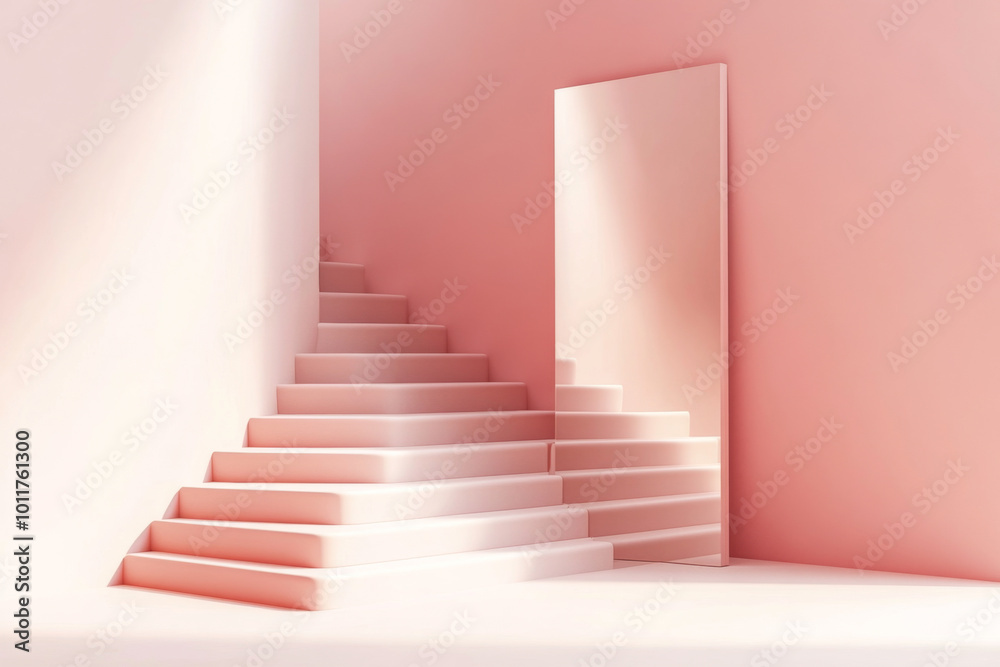 Fototapeta premium Abstract white minimalist staircase leading to bright hallway, concept of progress