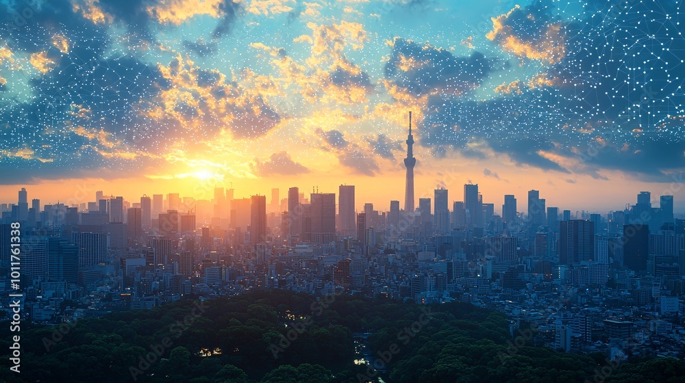 Obraz premium Vibrant Sunrise Over a Smart City Skyline