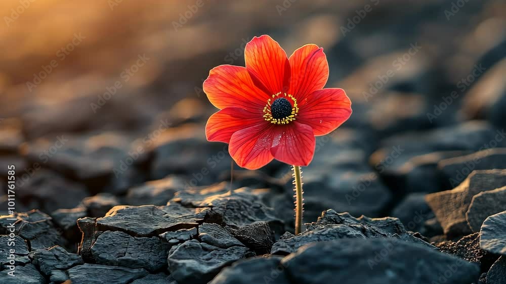 Red flower blooming on dry cracked soil