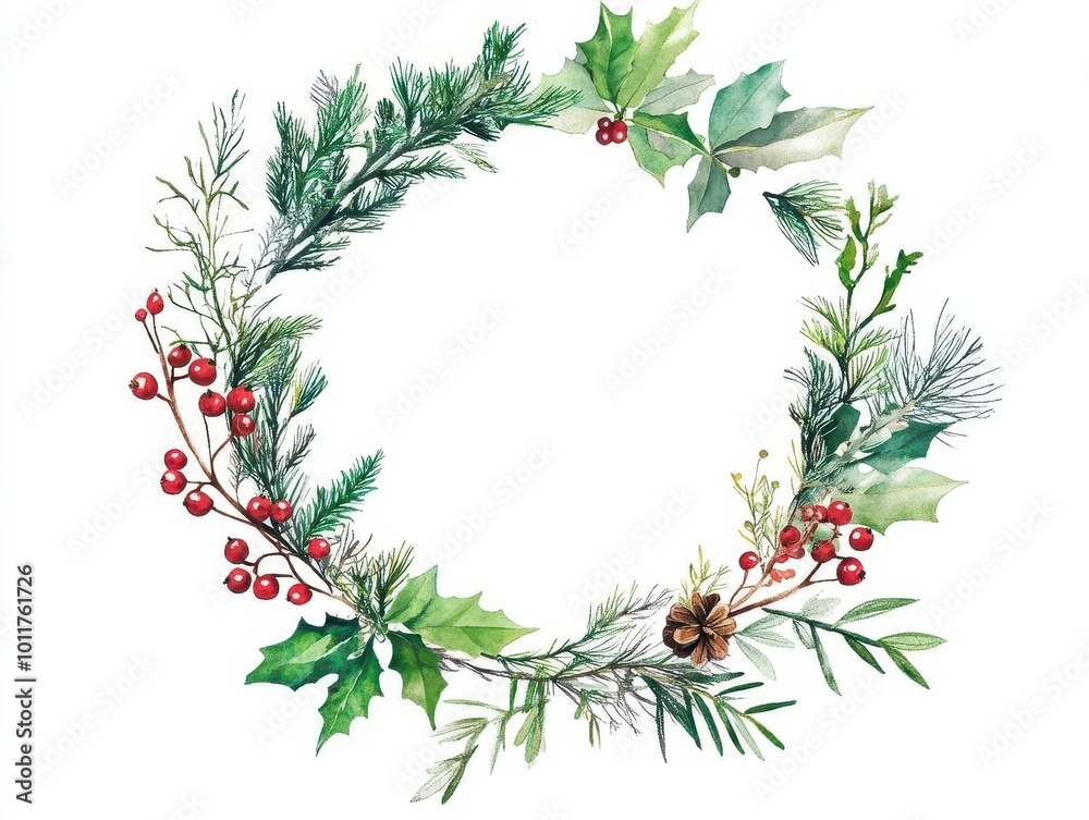 Fototapeta premium lush botanical wreath intricate arrangement of evergreen sprigs and vibrant berries. festive circular design popping against crisp white background.
