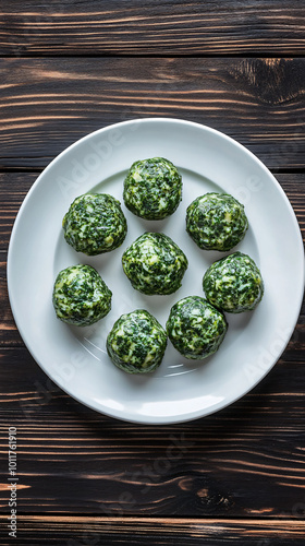 On a dark wooden table, a white plate is filled with nine spinach and ricotta gnudi photo