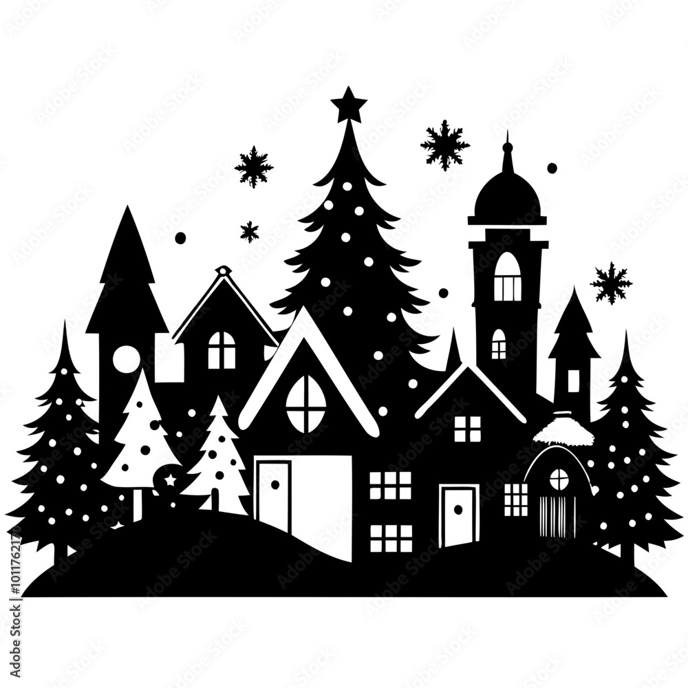 Christmas village tree with house and snow Black Silhouette vector illustration on white background Christmas village tree with house and snow Black Silhouette vector illustration on white background