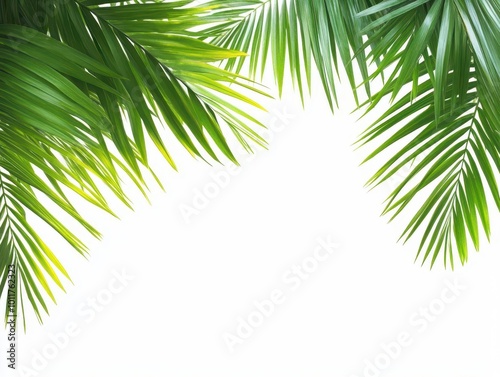 lush tropical palm leaves creating natural border, fresh green fronds overlapping on white background, exotic botanical design element
