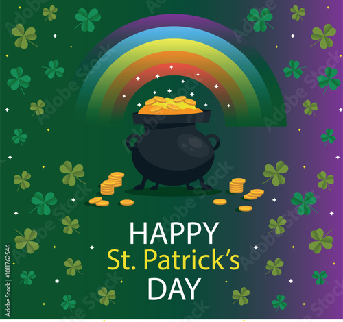 Happy Saint Patricks day lettering sign with clover leaves and green hat.
