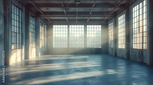 Empty Industrial Interior with Large Windows, 3D Illustration