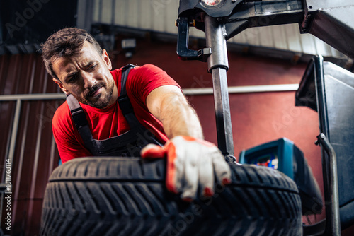 Hardworking tire repairman mounting car wheel after damage or puncture. Tires repair and wheels service. photo