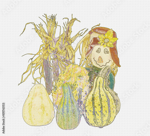 Harvest scene with pumpkin, corn and scarcrow