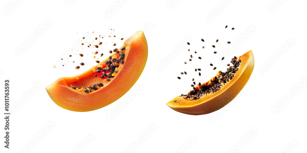 Floating Papaya Slice with Seeds on a Transparent Background Floating Papaya Slice with Seeds on a Transparent Background