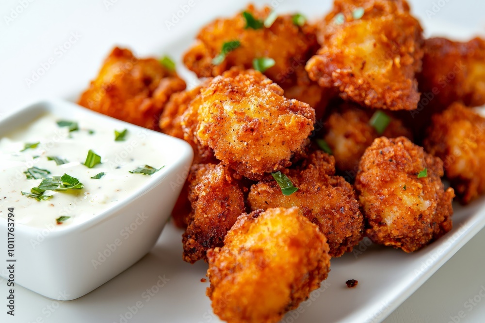 Fototapeta premium Close-up of fried popcorn chicken on a clean white background, perfectly crispy, golden-brown, with light seasoning and crunchy coating, each piece distinct