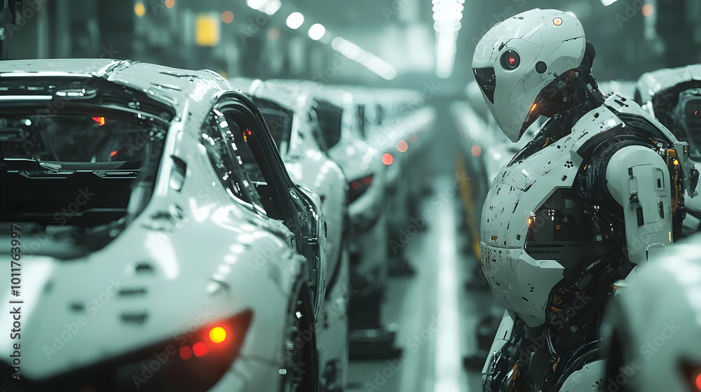 Robot on a Car Production Line 3D Illustration Robot on a Car Production Line 3D Illustration