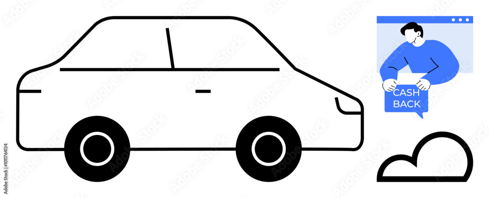 Black outlined car, person in browser showing cash back concept, and black outlined cloud. Ideal for themes like car sales, cash back offers, finance management, online marketing, and car rental Black outlined car, person in browser showing cash back concept, and black outlined cloud. Ideal for themes like car sales, cash back offers, finance management, online marketing, and car rental