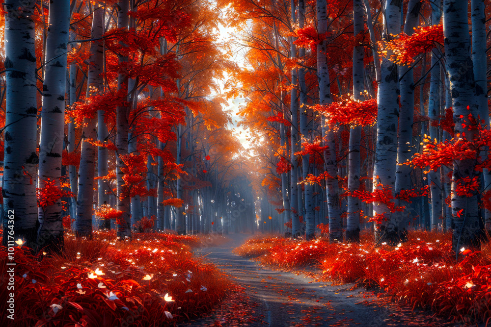 Enchanted forest with vibrant fall foliage.