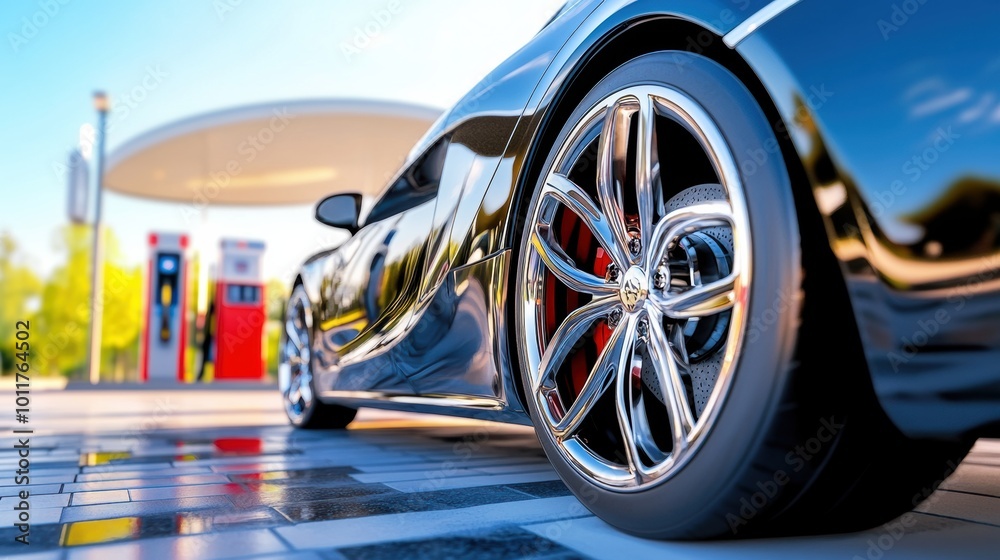 Sleek Car at Modern Gas Station Sleek Car at Modern Gas Station