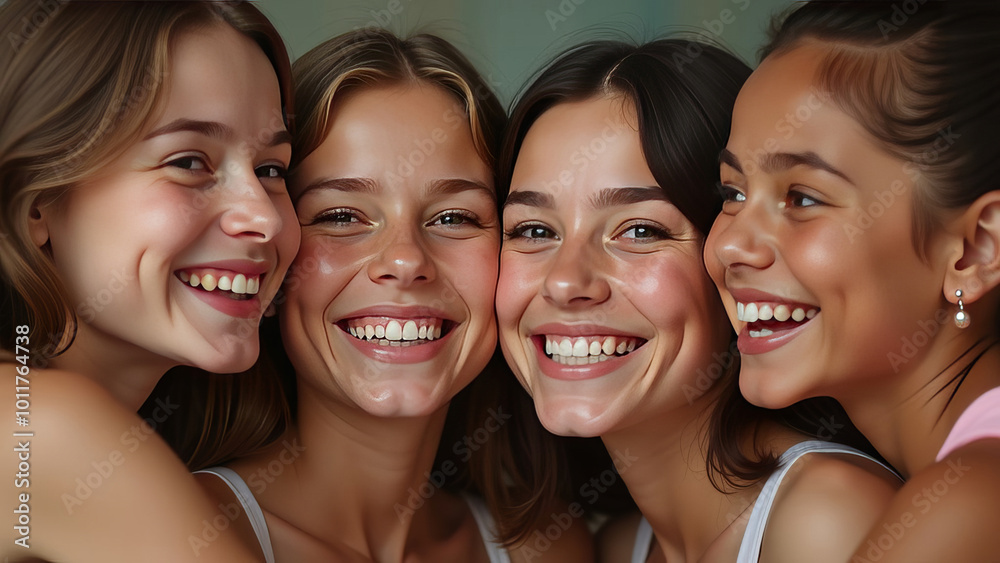 Fototapeta premium Four girls hugging, close-up portrait.