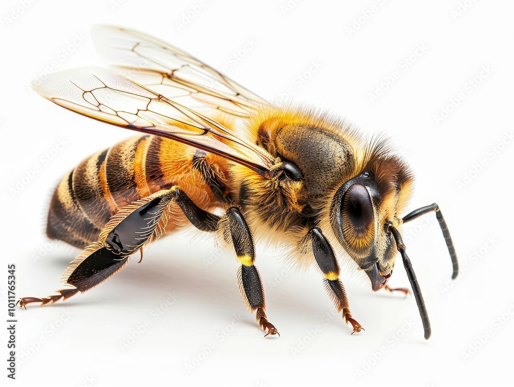 macro shot of a honeybee with intricate wing and body details. golden-hued fur, compound eyes, and delicate antennae highlighted against a pure white background. macro shot of a honeybee with intricate wing and body details. golden-hued fur, compound eyes, and delicate antennae highlighted against a pure white background.