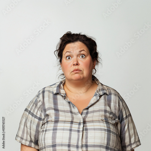 photo of middle aged overweight woman. worried expression and a little scared