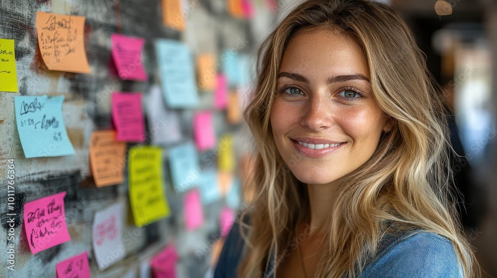 Smiling Young Woman in Front of Colorful Post-It Notes on Wall Smiling Young Woman in Front of Colorful Post-It Notes on Wall