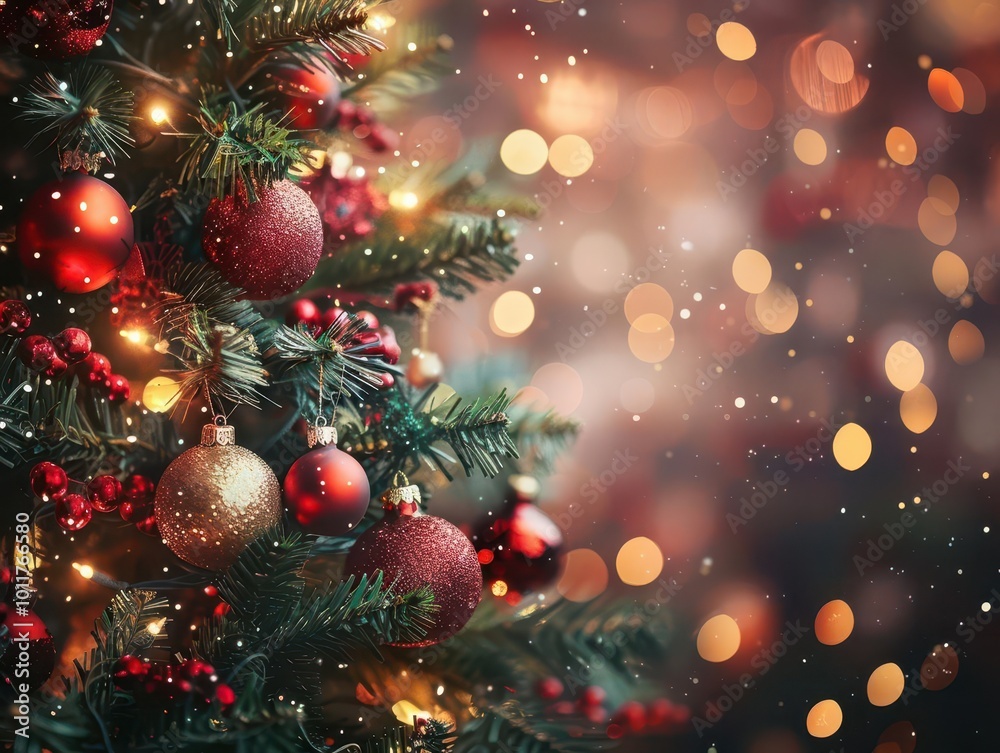 majestic christmas tree adorned with opulent red and gold ornaments. soft focus background of twinkling golden lights creates a warm, magical ambiance. elegant holiday scene with rich, festive colors. majestic christmas tree adorned with opulent red and gold ornaments. soft focus background of twinkling golden lights creates a warm, magical ambiance. elegant holiday scene with rich, festive colors.