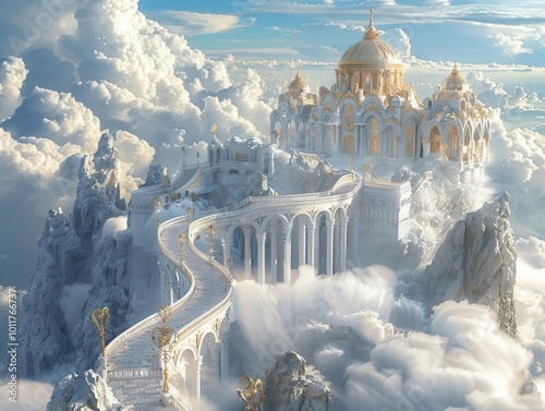 majestic fantasy palace perches atop craggy mount olympus peak. gleaming marble columns and golden domes pierce swirling clouds. mythical creatures guard winding path to celestial abode of the gods.