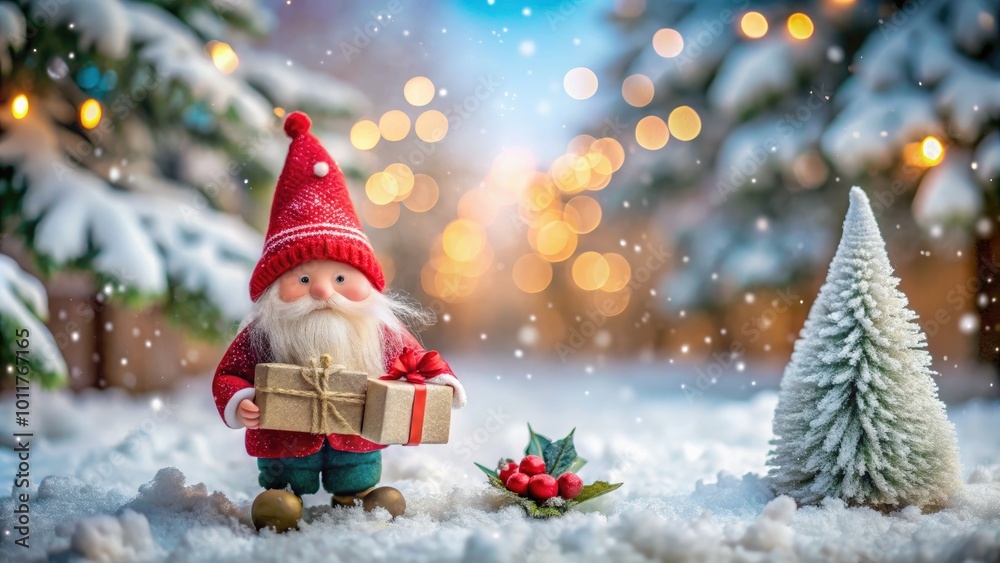 A cute Christmas gnome in a red hat holding a gift, surrounded by snowy scenery and bokeh lights. A cute Christmas gnome in a red hat holding a gift, surrounded by snowy scenery and bokeh lights.
