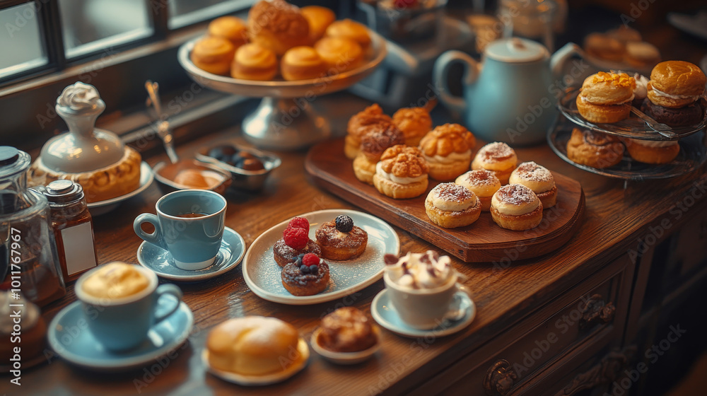 A delightful assortment of pastries and coffee cups displayed on a rustic table in a cozy bakery A delightful assortment of pastries and coffee cups displayed on a rustic table in a cozy bakery