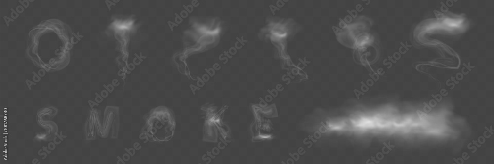 Realistic smoke, vape, fog, smog. Illustration of smoke on a transparent background.