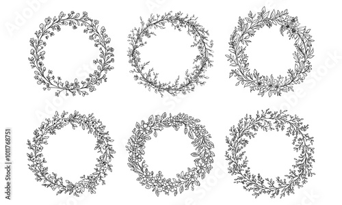 Patterned round frames for design in floral vintage style. Circular wreaths set.
