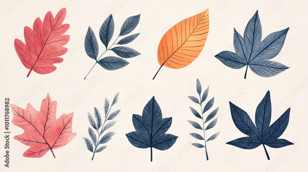 A collection of autumn leaves in shades of blue, red, and orange.