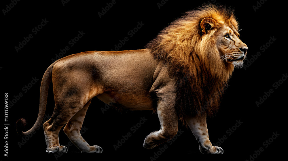 Obraz premium Majestic Lion Walking in Dark Background - Realistic Animal Image