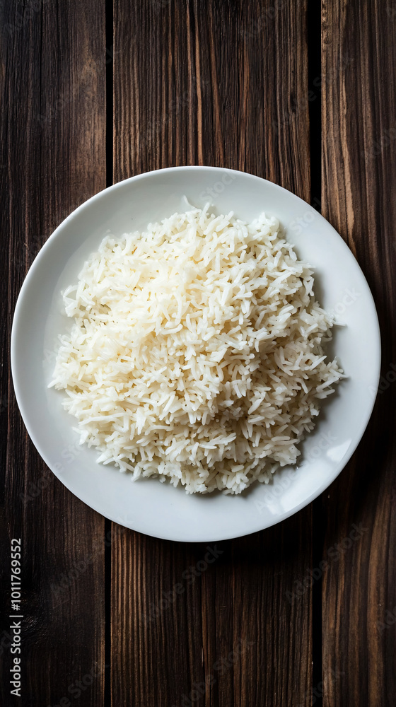 Steaming white rice perfectly cooked, served on a white plate atop a dark wooden table