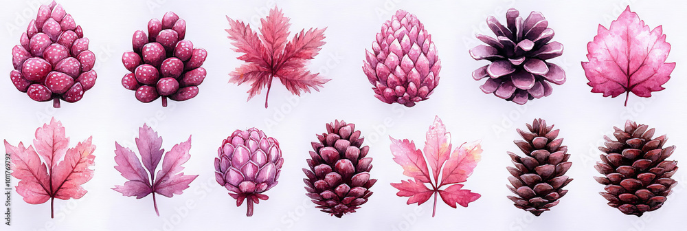 Watercolor painted autumn leaves and pine cones in shades of pink and brown. Watercolor painted autumn leaves and pine cones in shades of pink and brown.