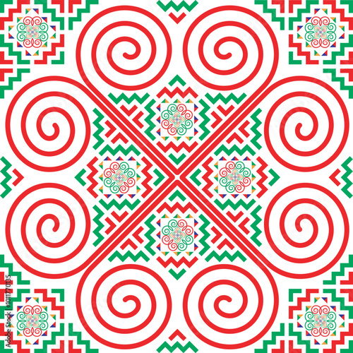 The design of the pattern imitates the ethnic embroidery of the Hmong tribe. It has a unique pattern in green and red tones for use in designing clothes, blankets, wallpaper, and tiles.