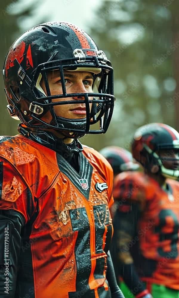 A picture of a young, self-assured American football player training on a pitch
A picture of a young, self-assured American football player training on a pitch