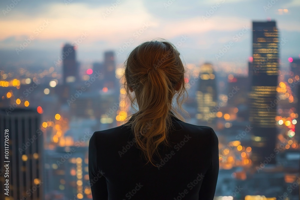 Businesswoman Looking At Cityscape, Generative AI Businesswoman Looking At Cityscape, Generative AI
