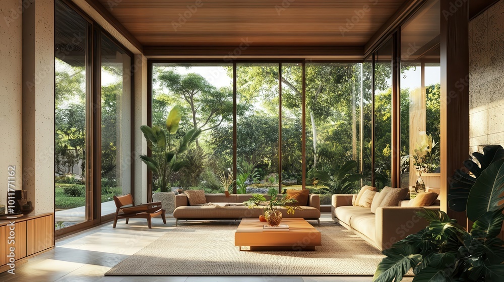 Fototapeta premium sustainable mid-century modern interior featuring natural wood, lush plants, and expansive windows. harmonious blend of retro and eco-friendly design elements create an inviting living space.