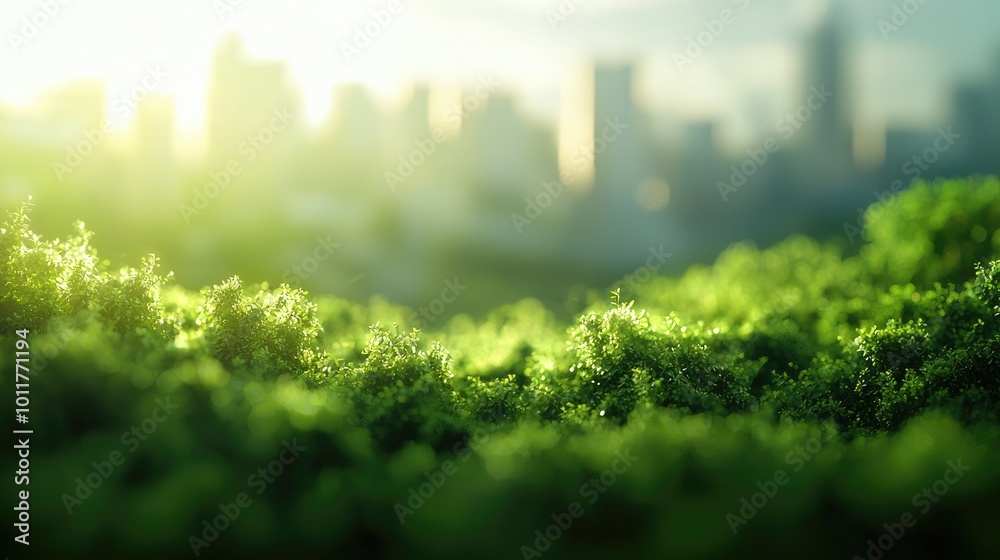 A lush foreground of greenery contrasts with a blurred city skyline in the background, capturing the harmony between nature and urban life. A lush foreground of greenery contrasts with a blurred city skyline in the background, capturing the harmony between nature and urban life.