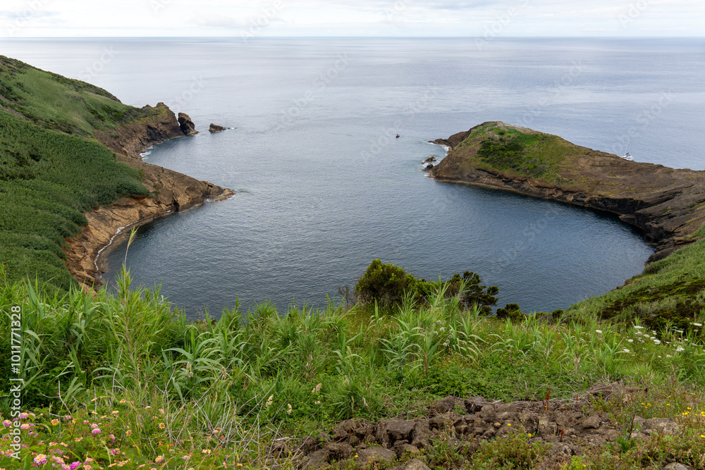 Obraz premium The couple of volcano craters from Monte da Guia Horta city in Faial island Azores Portugal
