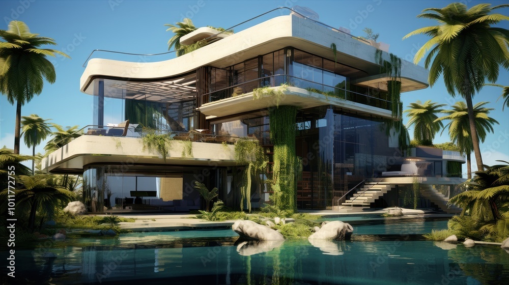 A modern house concept with a swimming pool surrounded by palm trees, under blue sky in a residential area. The building material of the facade reflects luxury real estate A modern house concept with a swimming pool surrounded by palm trees, under blue sky in a residential area. The building material of the facade reflects luxury real estate