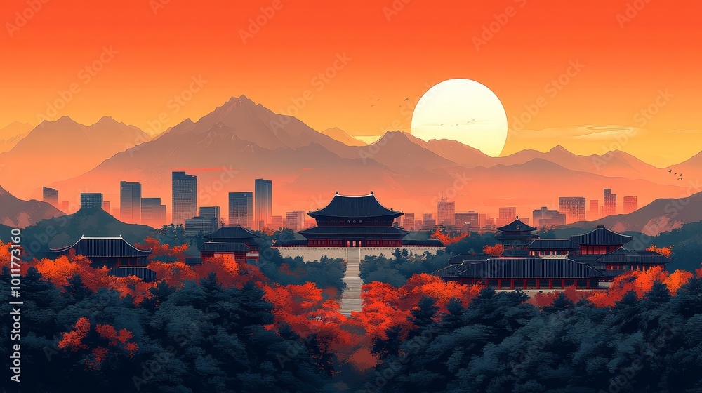 Fototapeta premium Korean traditional architecture framed by autumn leaves against a backdrop of the cityscape
