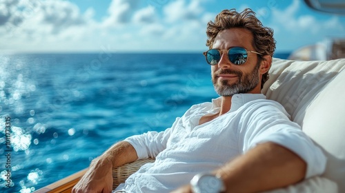 Man relaxing and enjoying the scenic view on a yacht during a beautiful sunny day